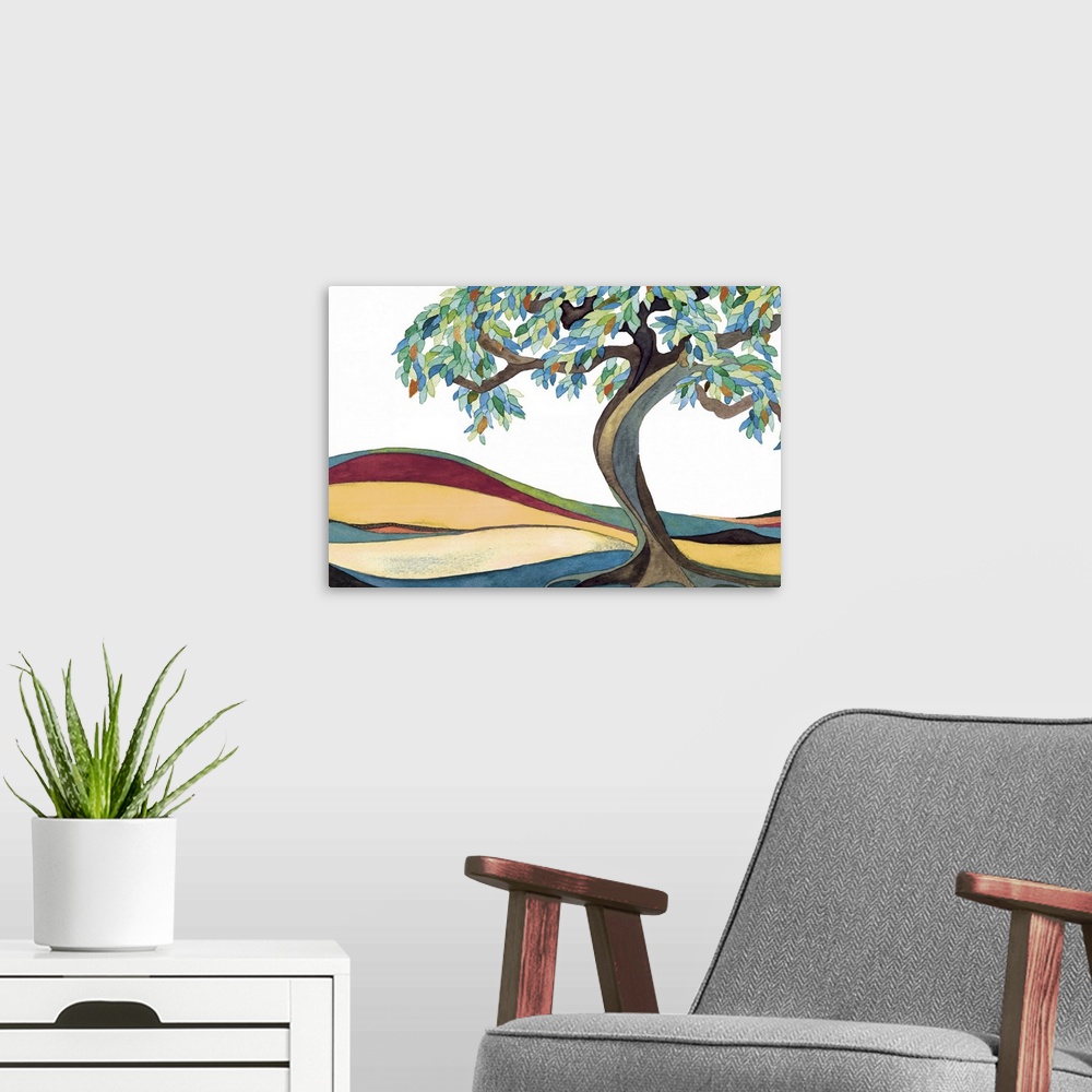 A modern room featuring Watercolor painting of a tree with a curved trunk and leafy branches in a field.
