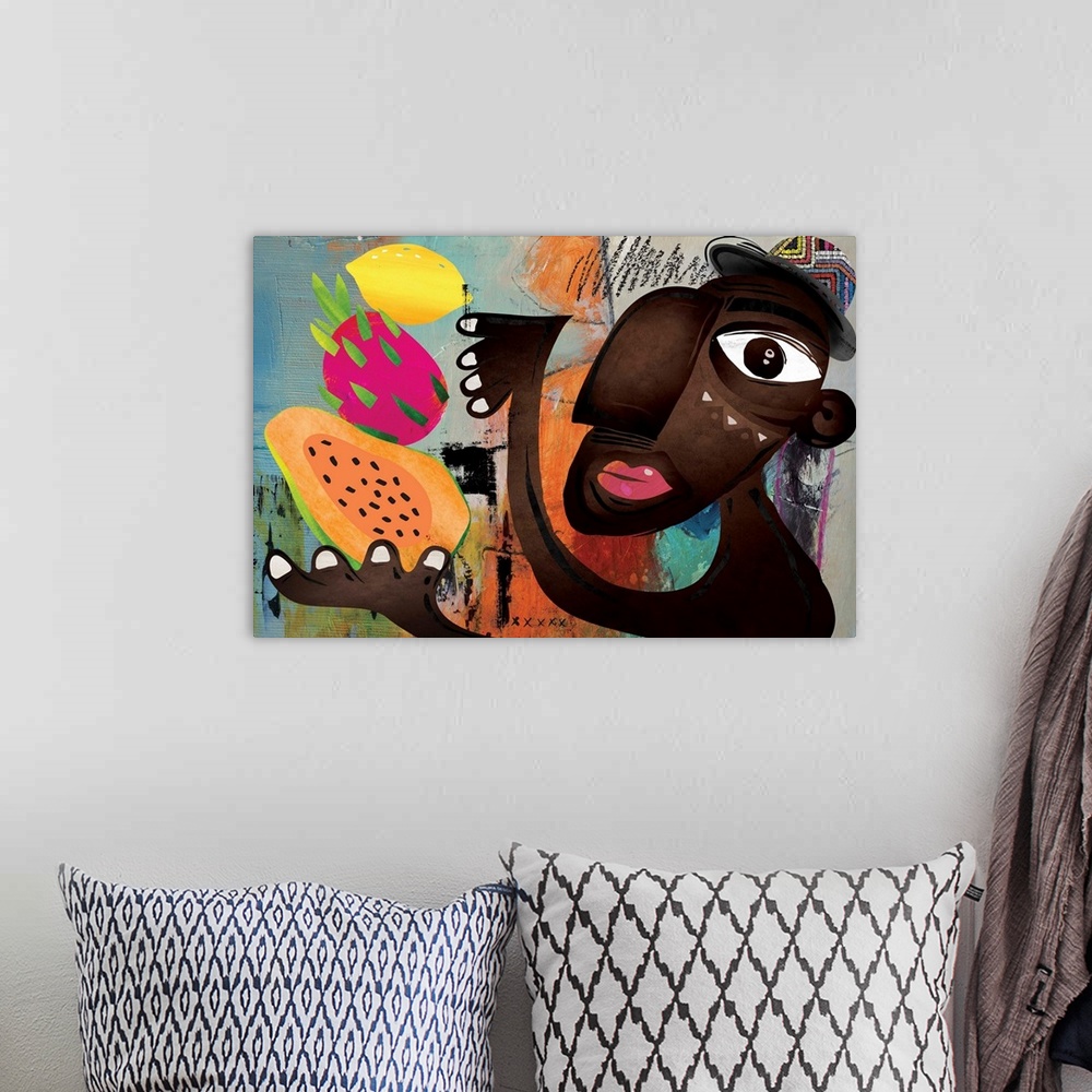 A bohemian room featuring Modern and funky image featuring a dark-skinned man juggling various tropical fruits. Colorful, f...