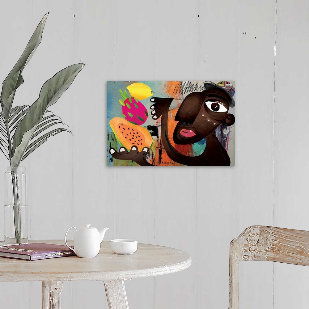 A farmhouse room featuring Modern and funky image featuring a dark-skinned man juggling various tropical fruits. Colorful, f...