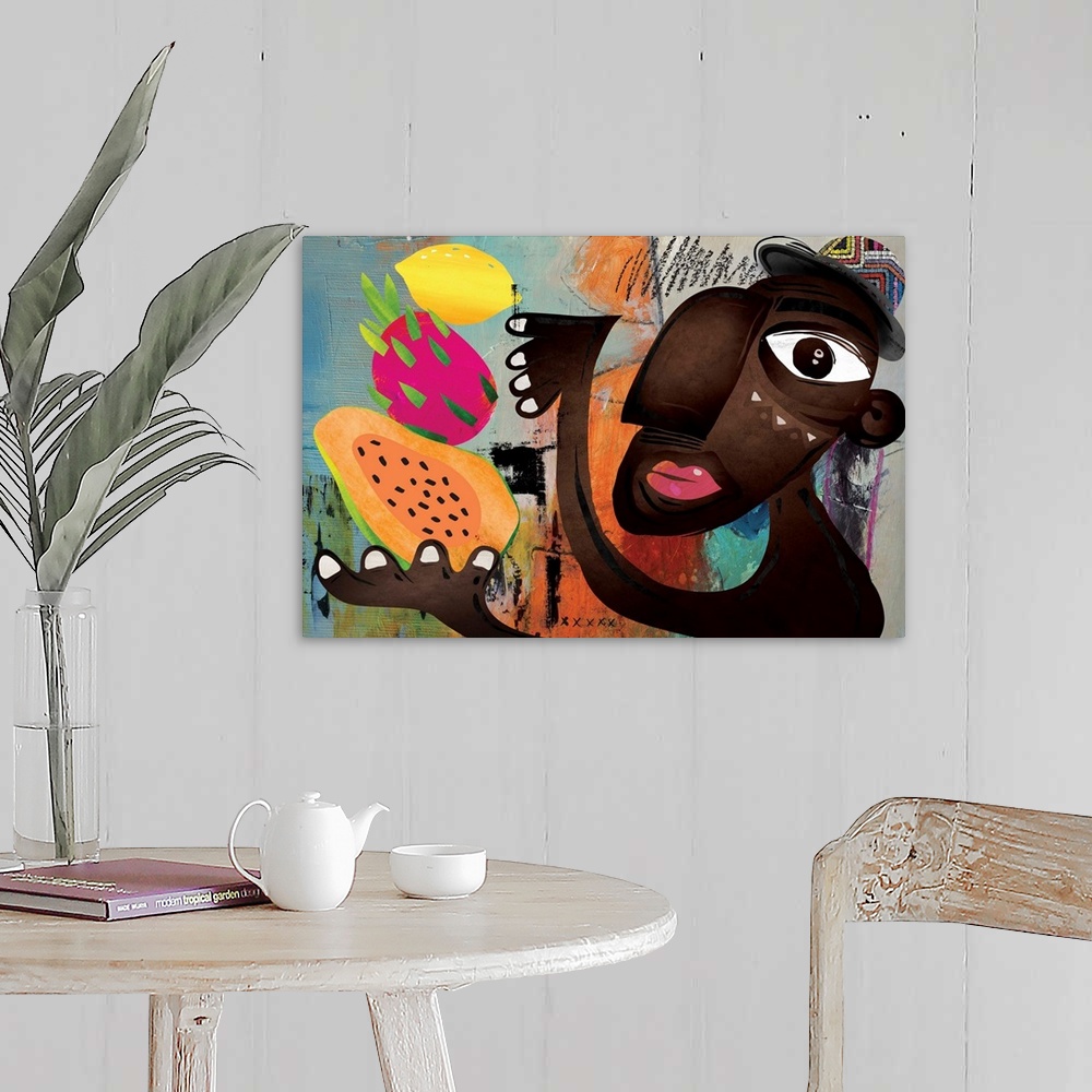 A farmhouse room featuring Modern and funky image featuring a dark-skinned man juggling various tropical fruits. Colorful, f...