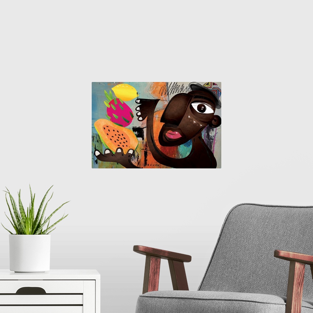 A modern room featuring Modern and funky image featuring a dark-skinned man juggling various tropical fruits. Colorful, f...