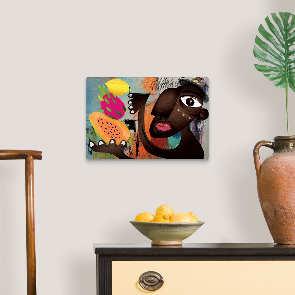 A traditional room featuring Modern and funky image featuring a dark-skinned man juggling various tropical fruits. Colorful, f...