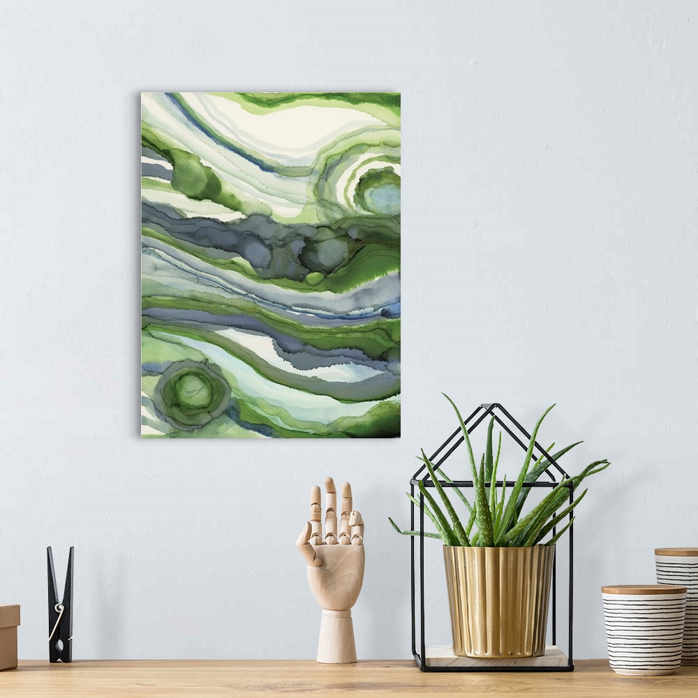 A bohemian room featuring Abstract organic watercolor painting in blues and greens