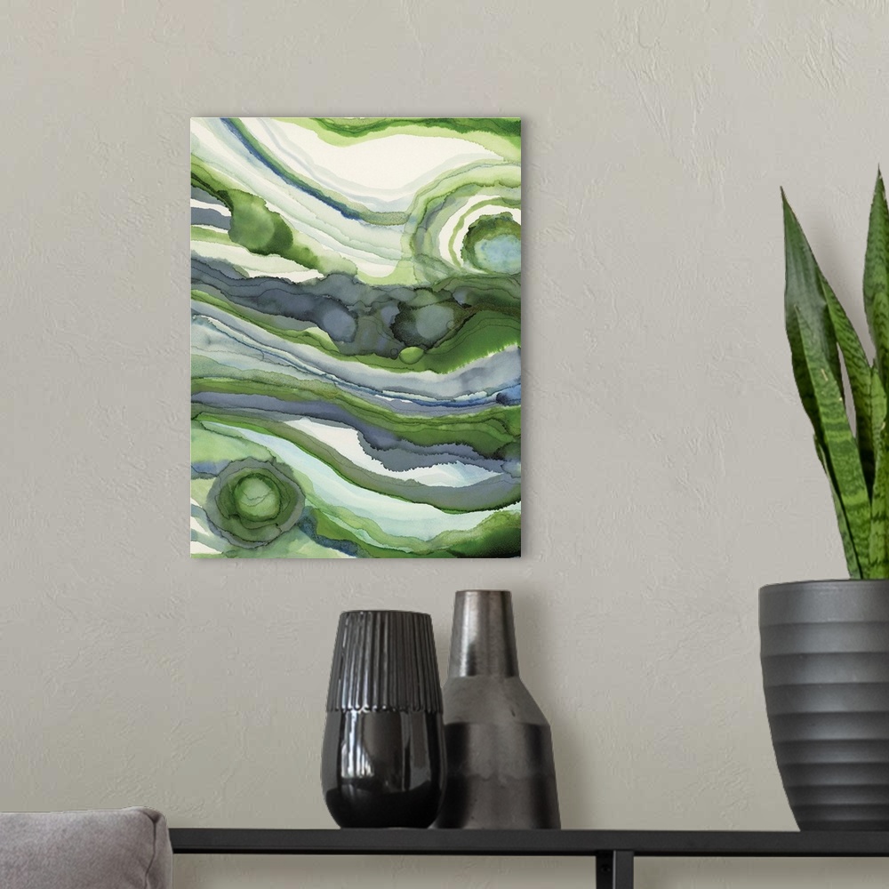 A modern room featuring Abstract organic watercolor painting in blues and greens