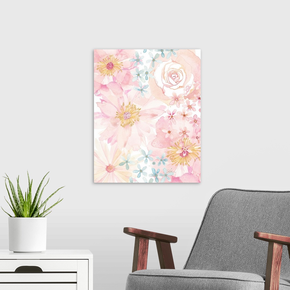 A modern room featuring Hand Painted watercolor rose gardenfilled with wildflowers, roses and forget me nots