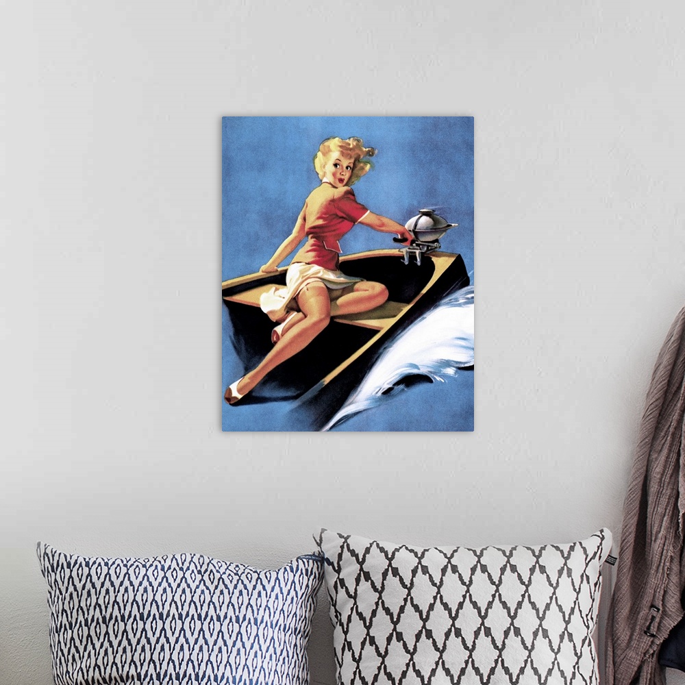 A bohemian room featuring Vintage 50's illustration of a young woman steering a motorboat on the lake.