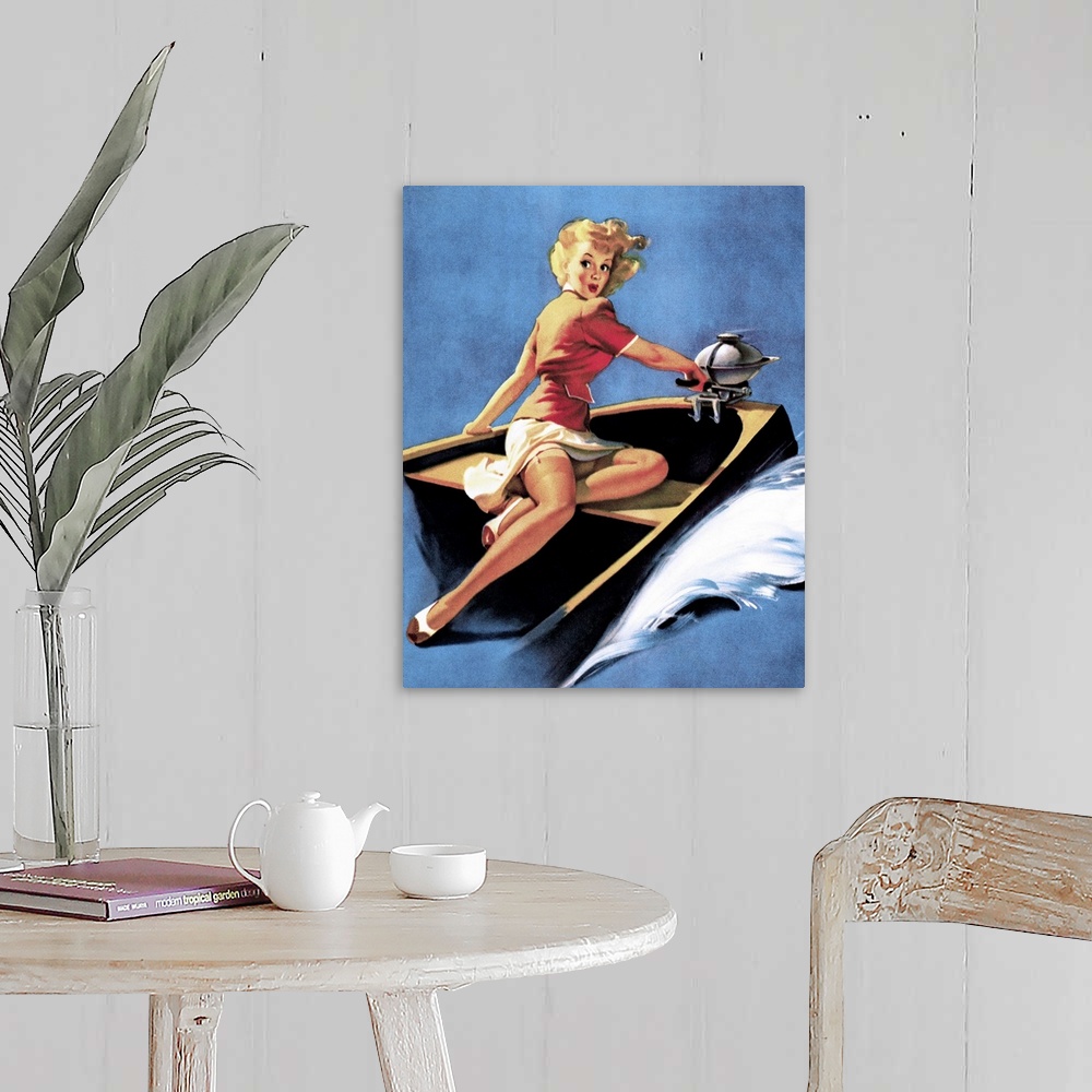 A farmhouse room featuring Vintage 50's illustration of a young woman steering a motorboat on the lake.