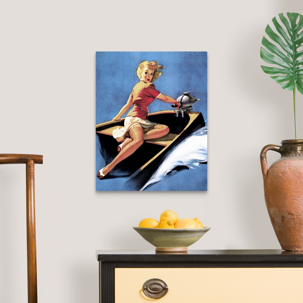 A traditional room featuring Vintage 50's illustration of a young woman steering a motorboat on the lake.