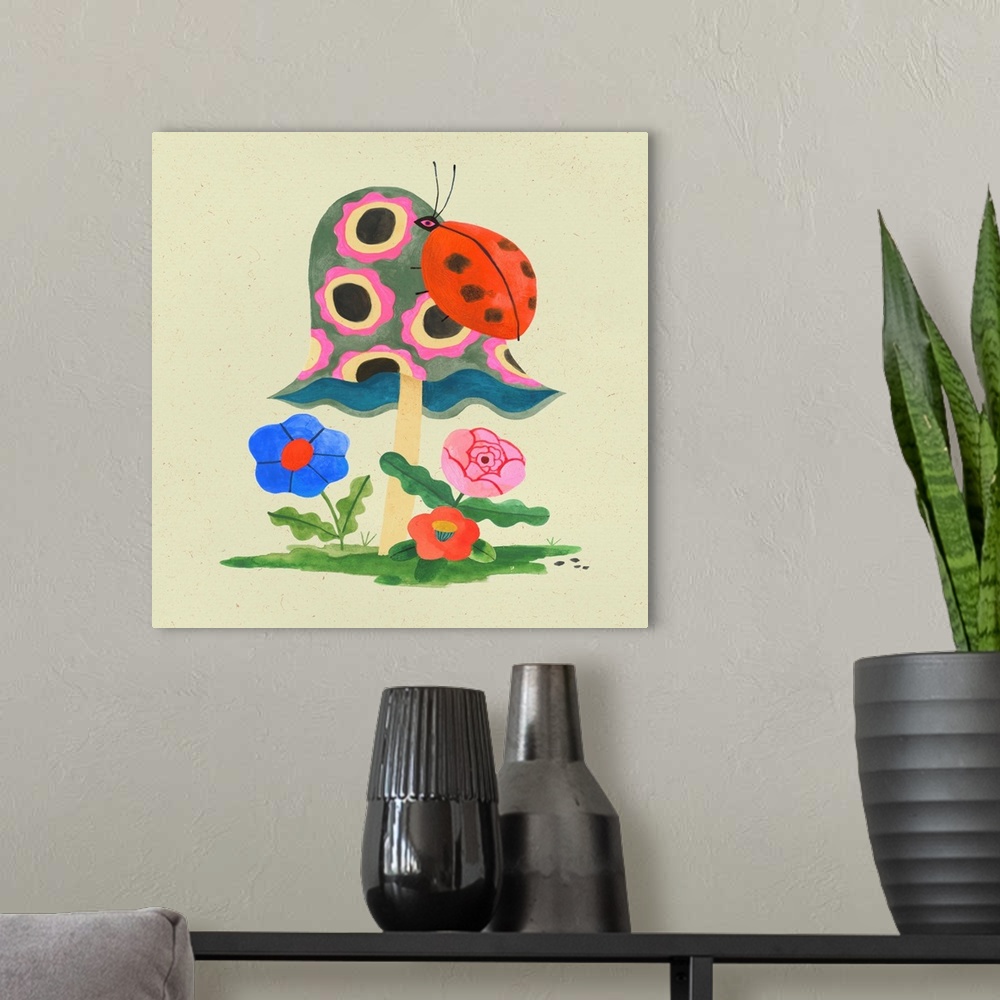 A modern room featuring Mushroom Ladybug