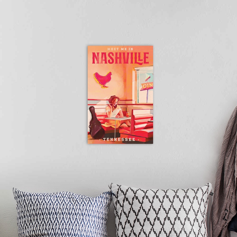 A bohemian room featuring Retro travel poster of a young woman sitting in a music city diner with a guitar case