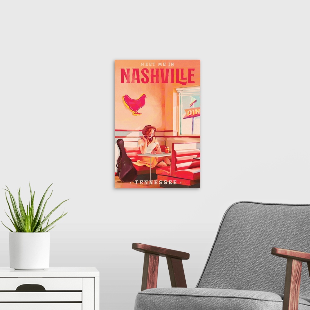 A modern room featuring Retro travel poster of a young woman sitting in a music city diner with a guitar case