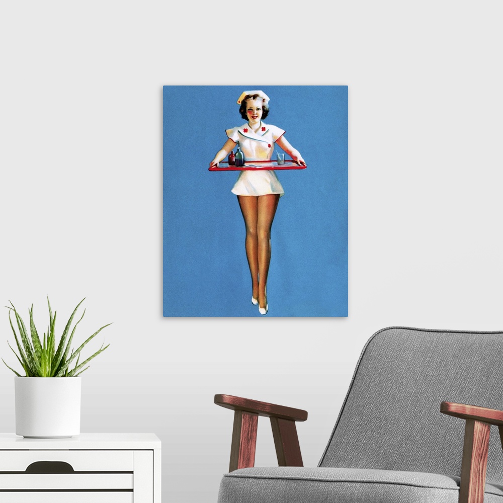 A modern room featuring Vintage 50's illustration of a young nurse holding a tray.