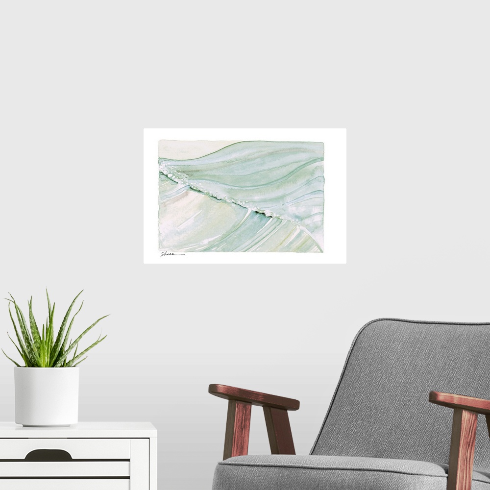 A modern room featuring Contemporary watercolor painting of ocean waves in shades of green.