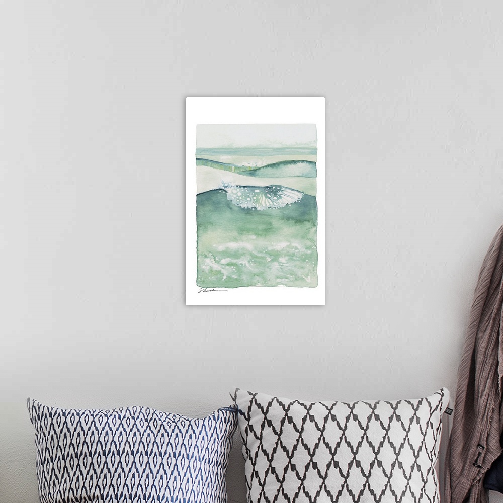 A bohemian room featuring Contemporary watercolor painting of ocean waves in shades of green.