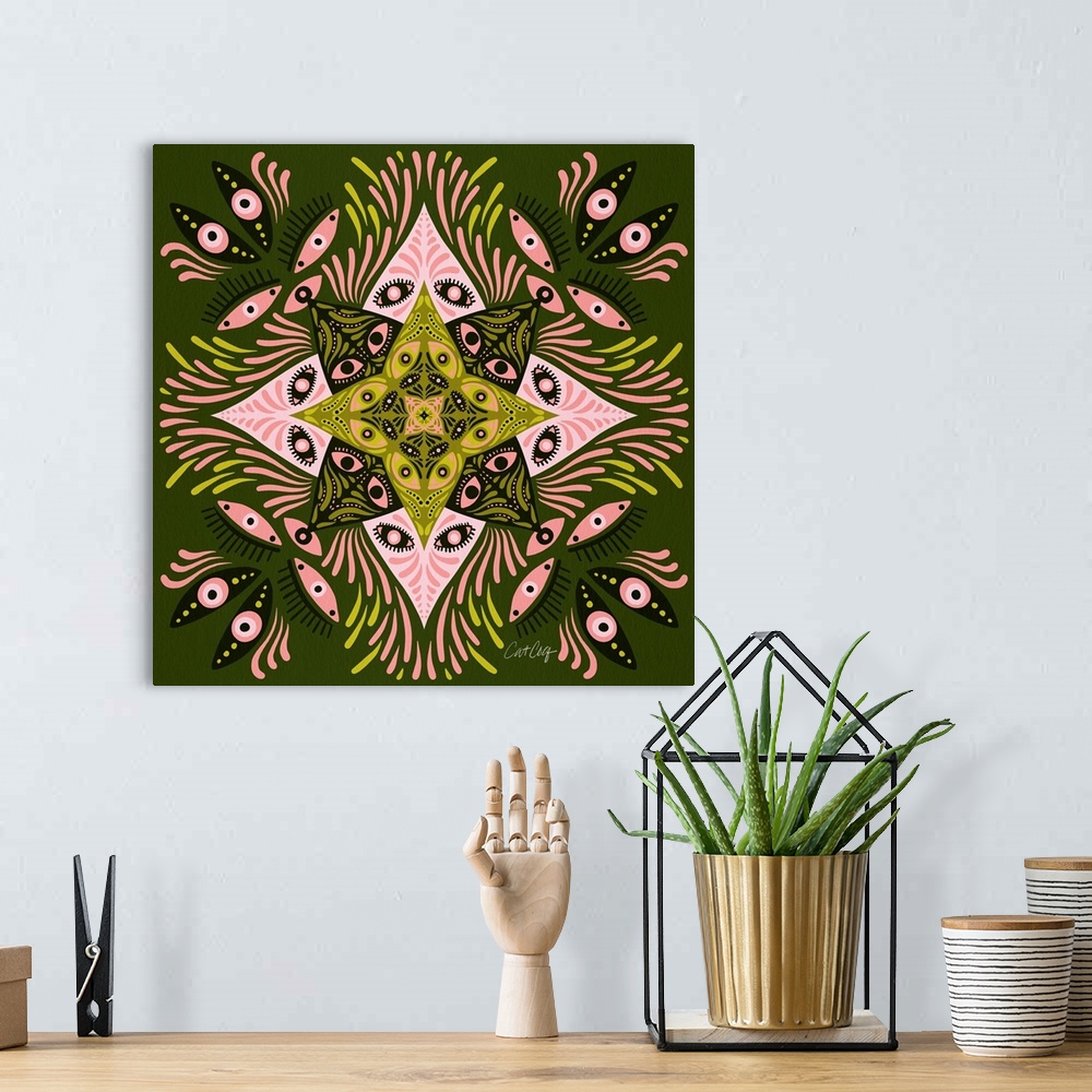 A bohemian room featuring Optical Mandala - Sage Pink