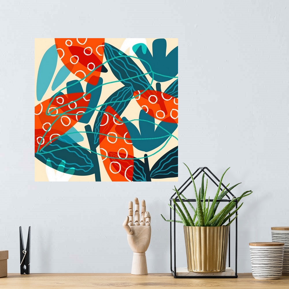 A bohemian room featuring A bold Mid-Century graphic illustration of orange and blue leaves which makes a big statement for...