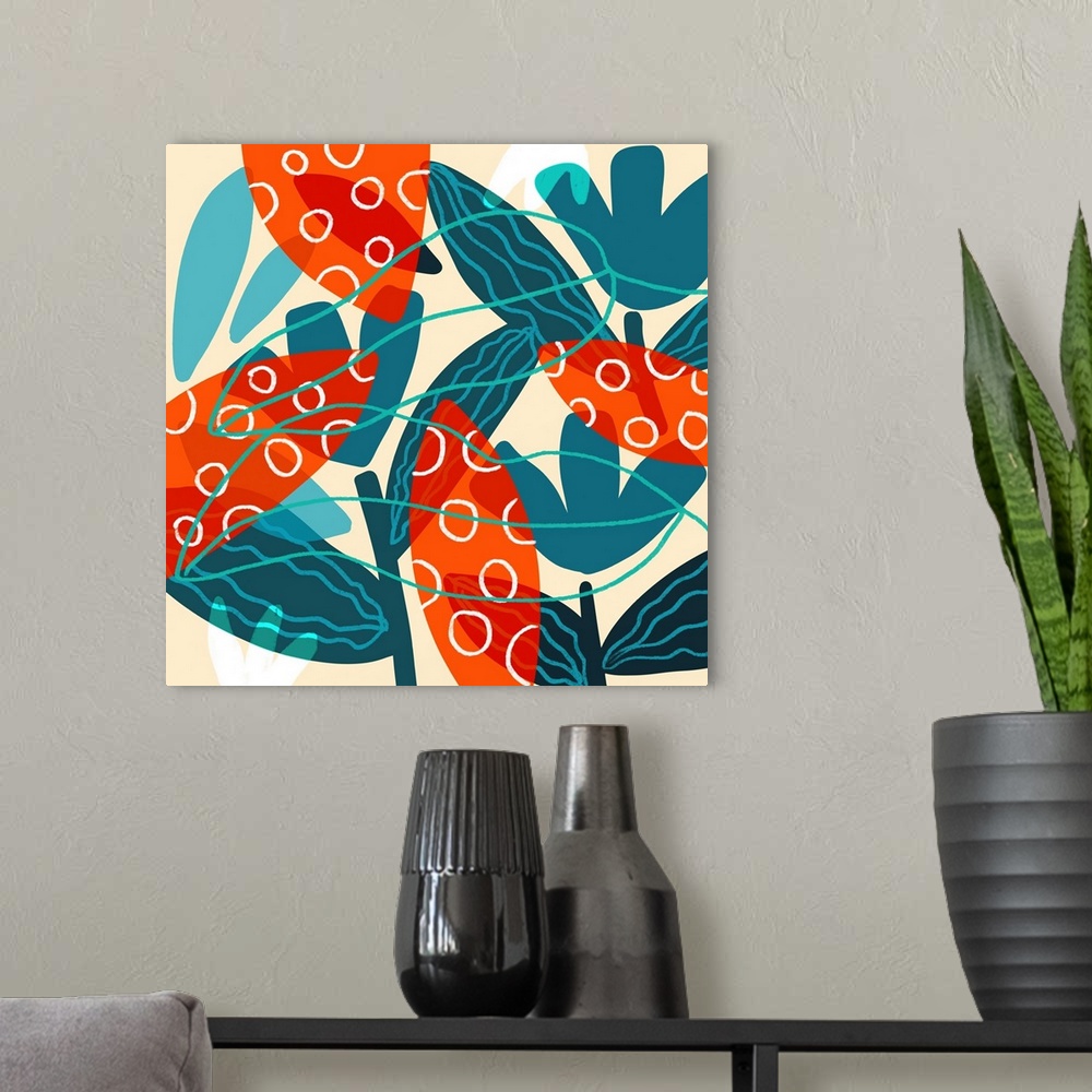 A modern room featuring A bold Mid-Century graphic illustration of orange and blue leaves which makes a big statement for...