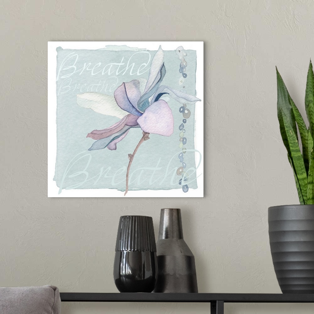 A modern room featuring Decorative watercolor painting of a purple lily with the word "Breathe" repeated in the background.