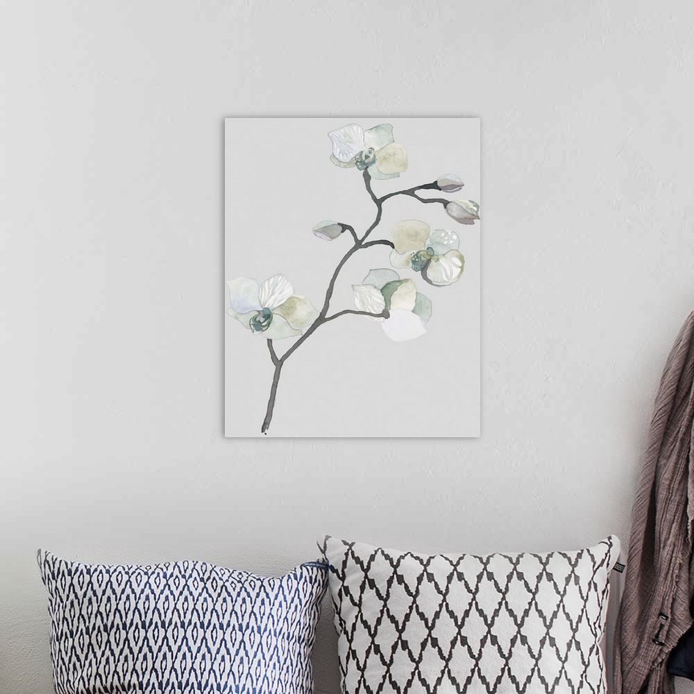 A bohemian room featuring Contemporary watercolor artwork of delicate green and white orchid flowers on a neutral background.