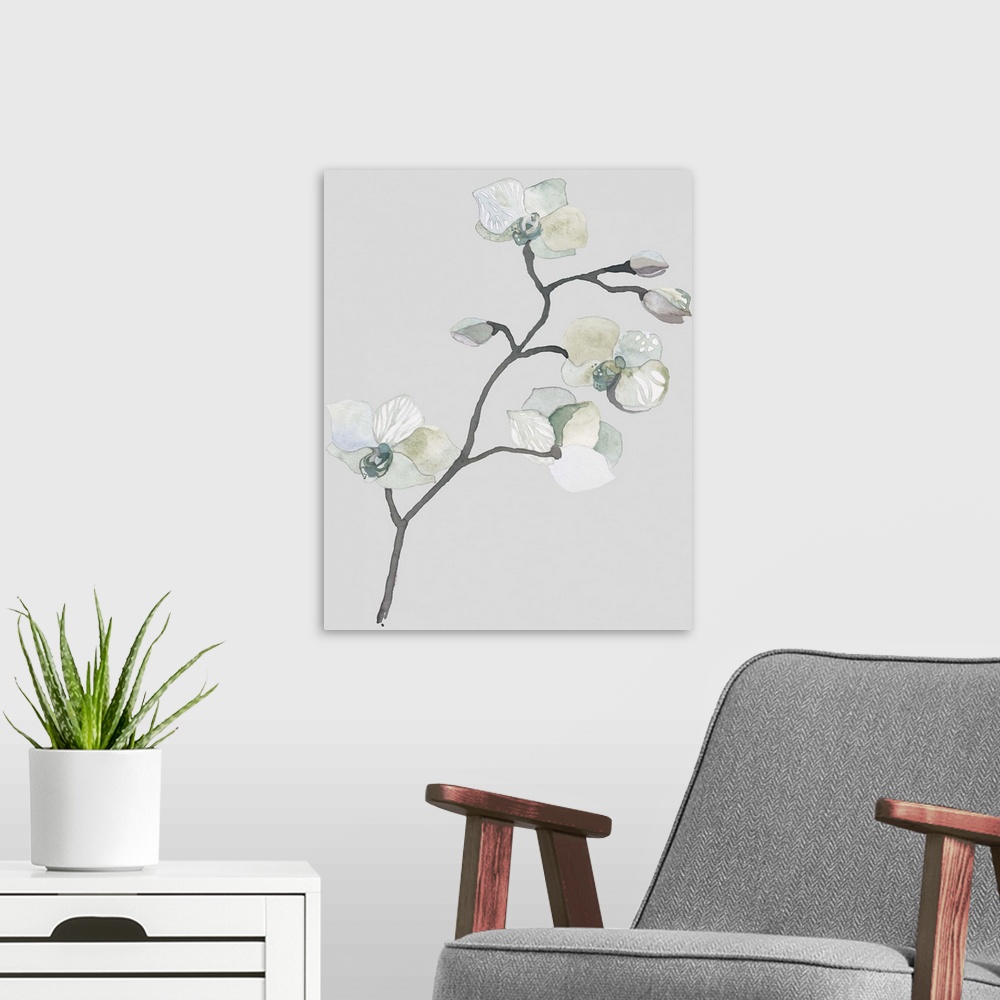 A modern room featuring Contemporary watercolor artwork of delicate green and white orchid flowers on a neutral background.