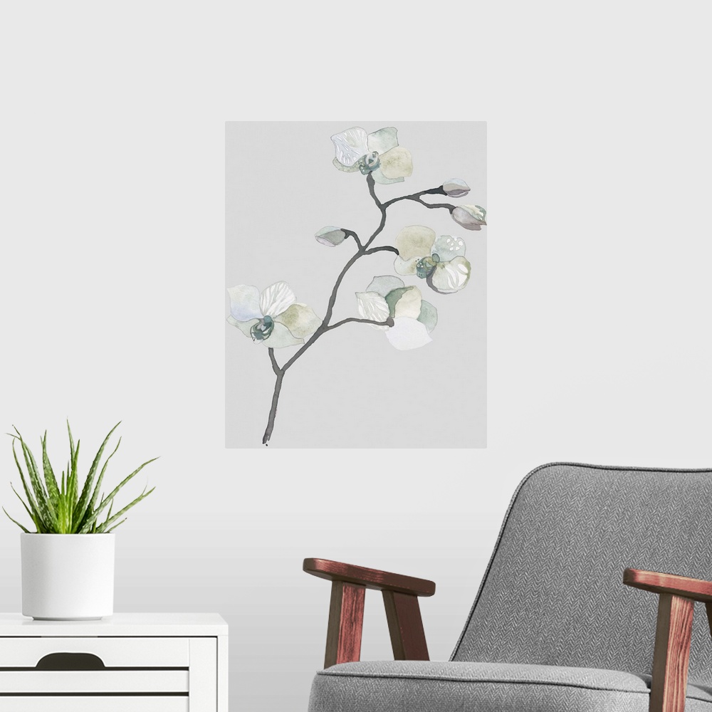 A modern room featuring Contemporary watercolor artwork of delicate green and white orchid flowers on a neutral background.