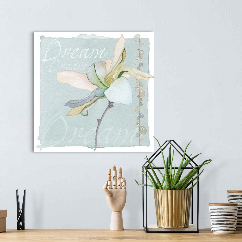 A bohemian room featuring Decorative watercolor painting of a green lily with the word "Dream" repeated in the background.