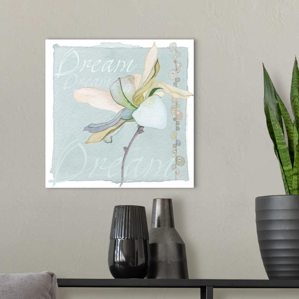 A modern room featuring Decorative watercolor painting of a green lily with the word "Dream" repeated in the background.