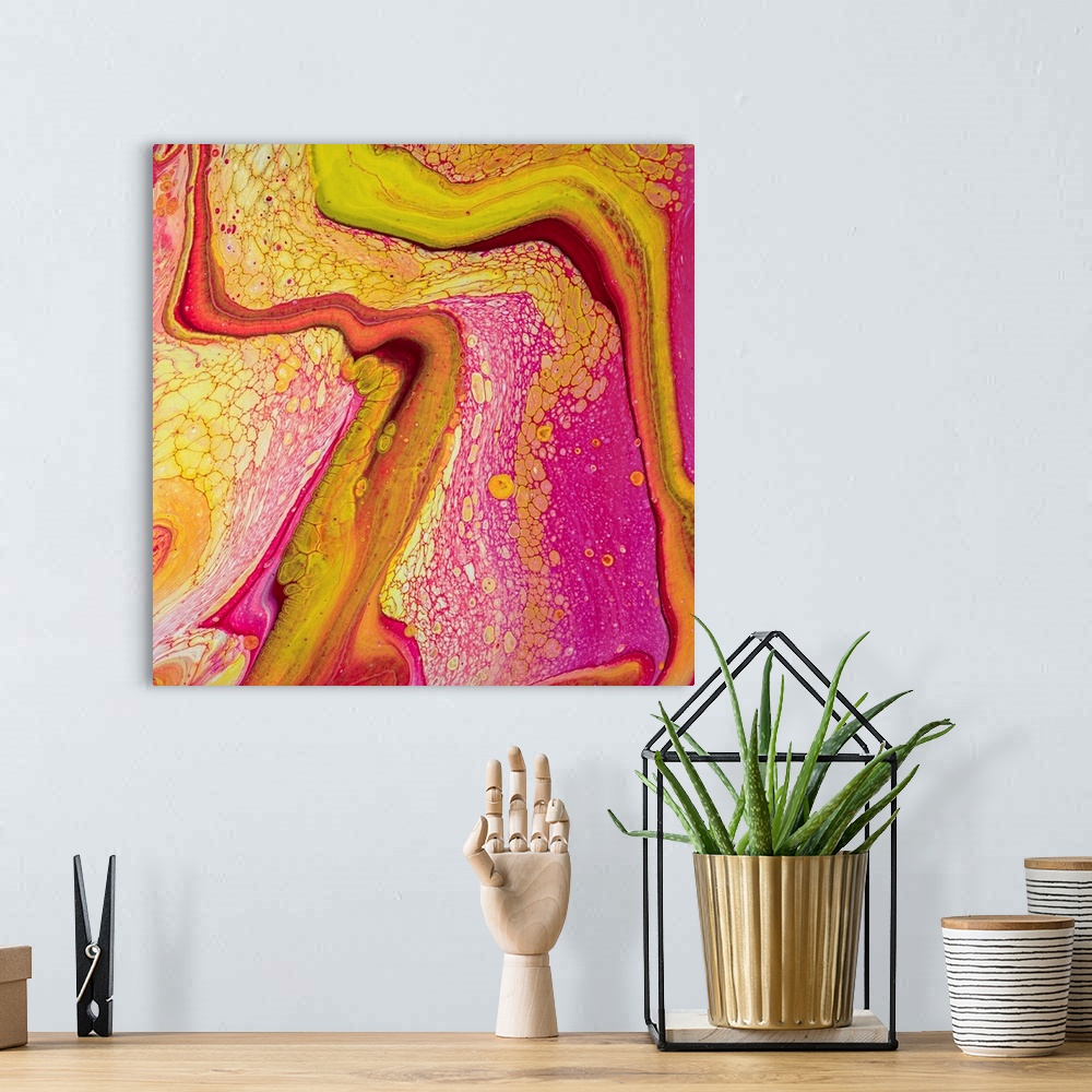 A bohemian room featuring Pink And Yellow Abstract 69