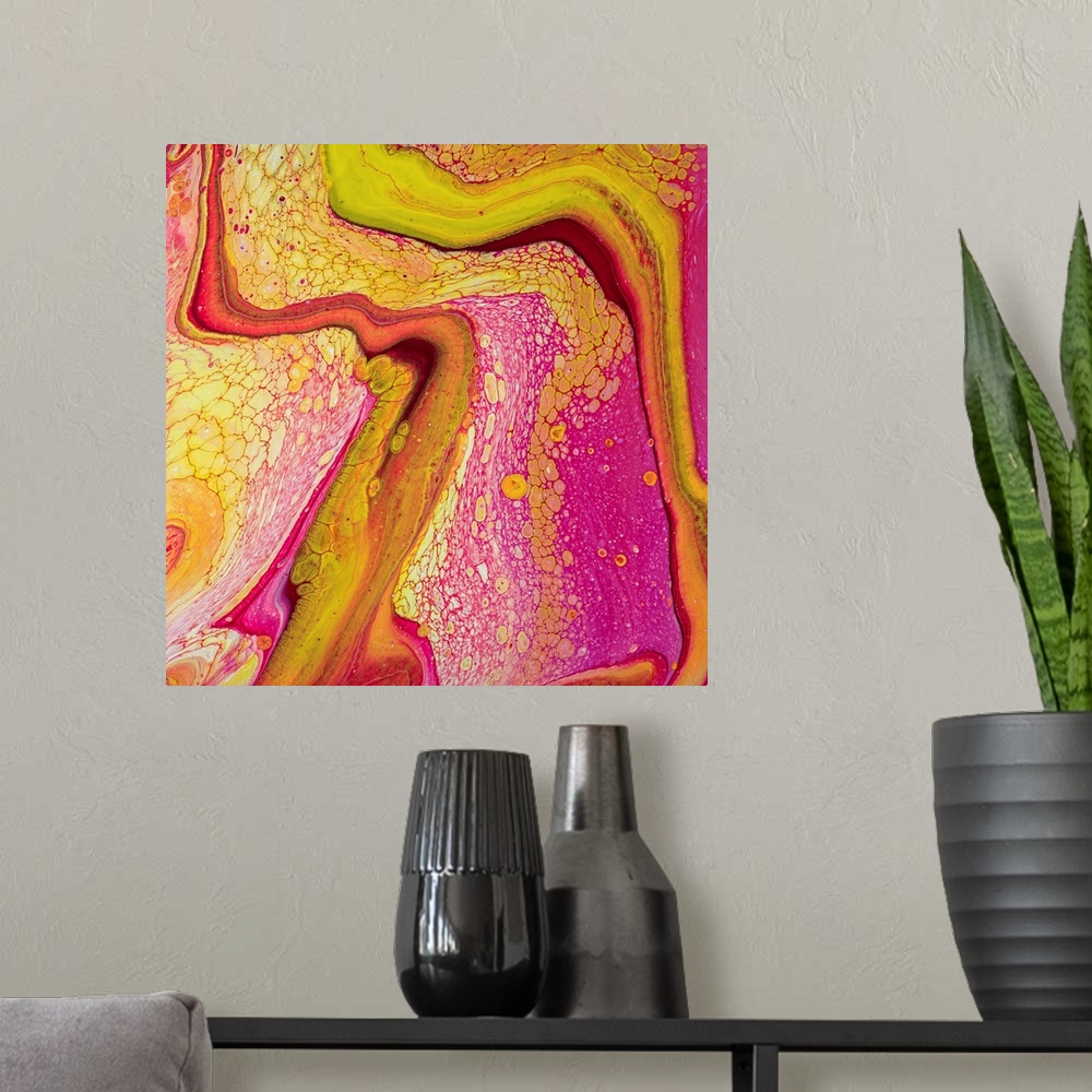 A modern room featuring Pink And Yellow Abstract 69