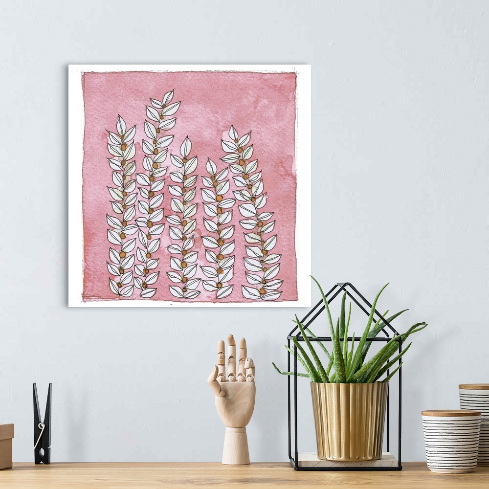 A bohemian room featuring Watercolor illustration of leafy vines on a pink background.
