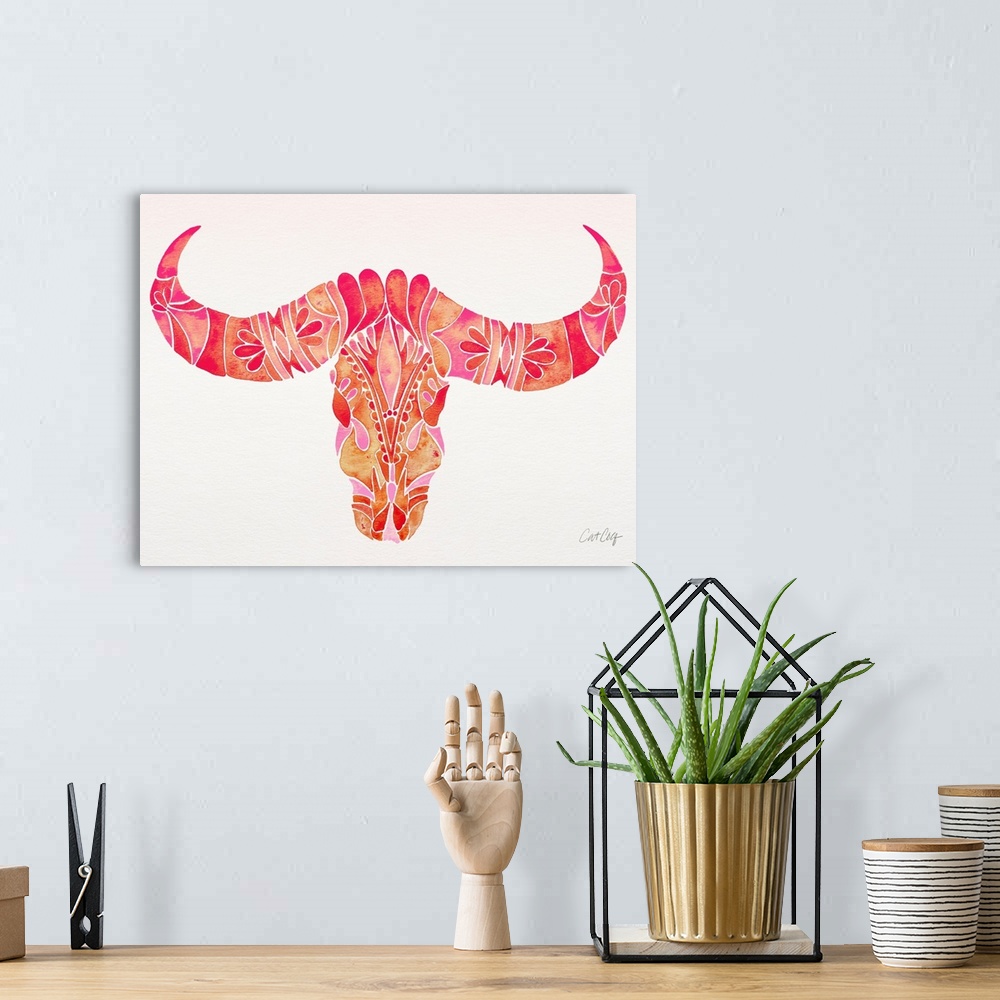 A bohemian room featuring Pink Water Buffalo Skull