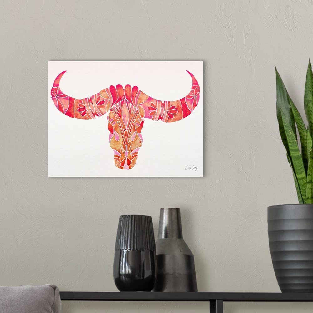 A modern room featuring Pink Water Buffalo Skull