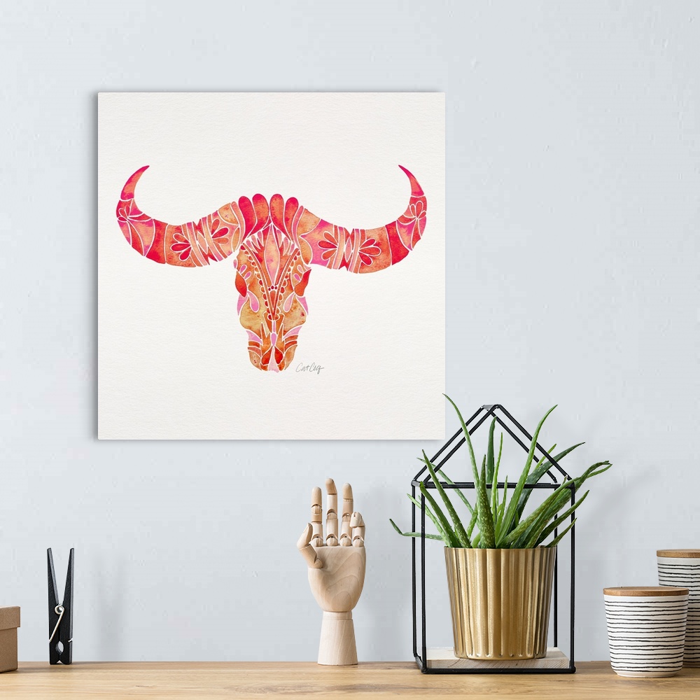 A bohemian room featuring Pink Water Buffalo Skull Square