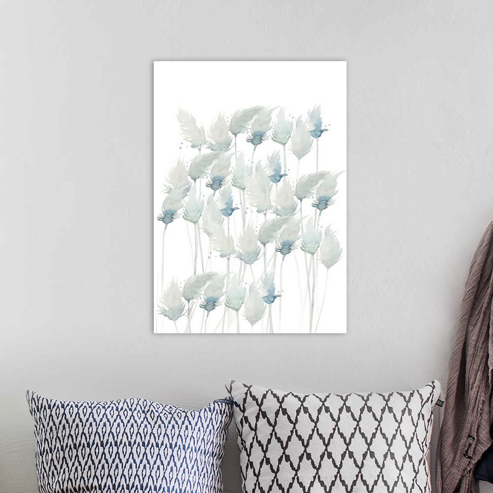 A bohemian room featuring Modern Coastal hand painted watercolor of beach grasses swaying on the beach
