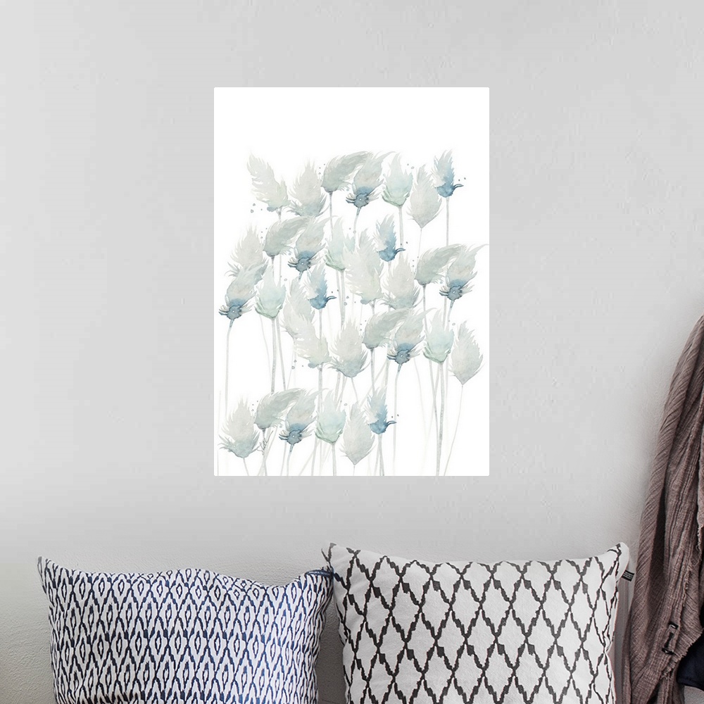 A bohemian room featuring Modern Coastal hand painted watercolor of beach grasses swaying on the beach