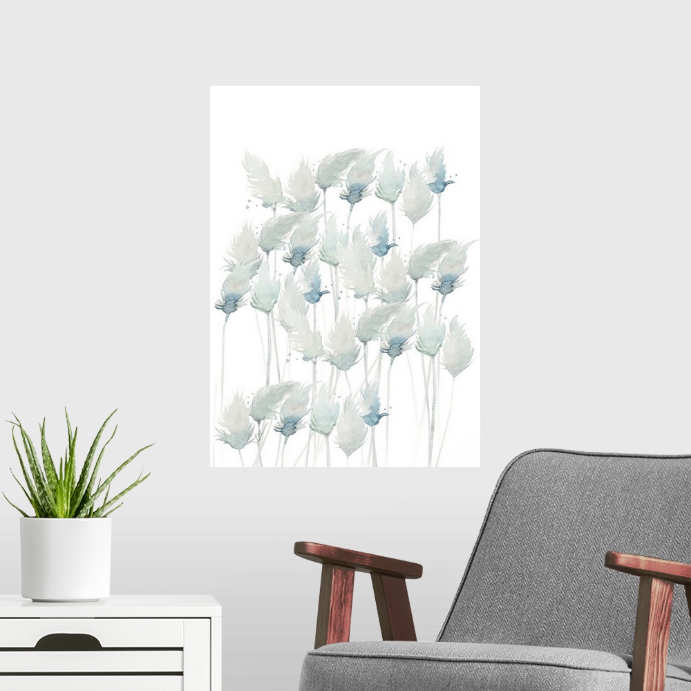 A modern room featuring Modern Coastal hand painted watercolor of beach grasses swaying on the beach