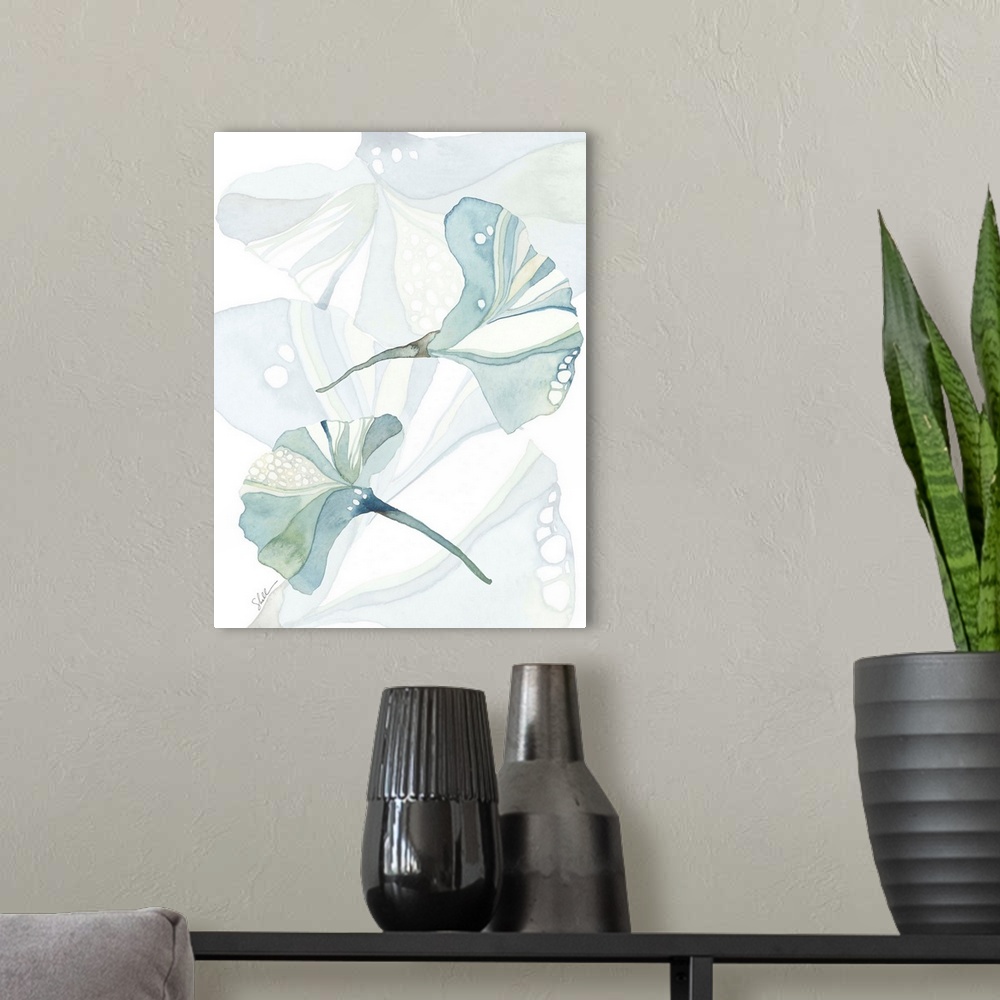 A modern room featuring Modern abstract hand painted watercolor of gingko leaves
