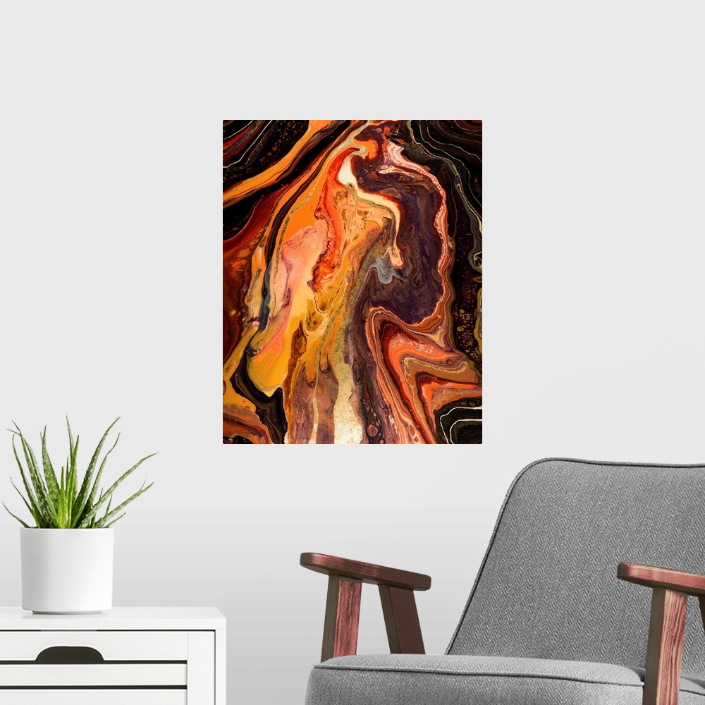 A modern room featuring Red And Orange Abstract 1