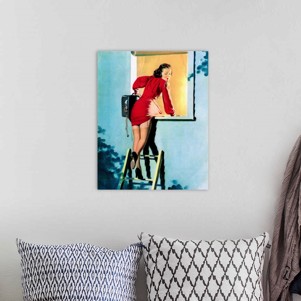 A bohemian room featuring Vintage 50's illustration of a young woman escaping from window by climbing down a ladder.