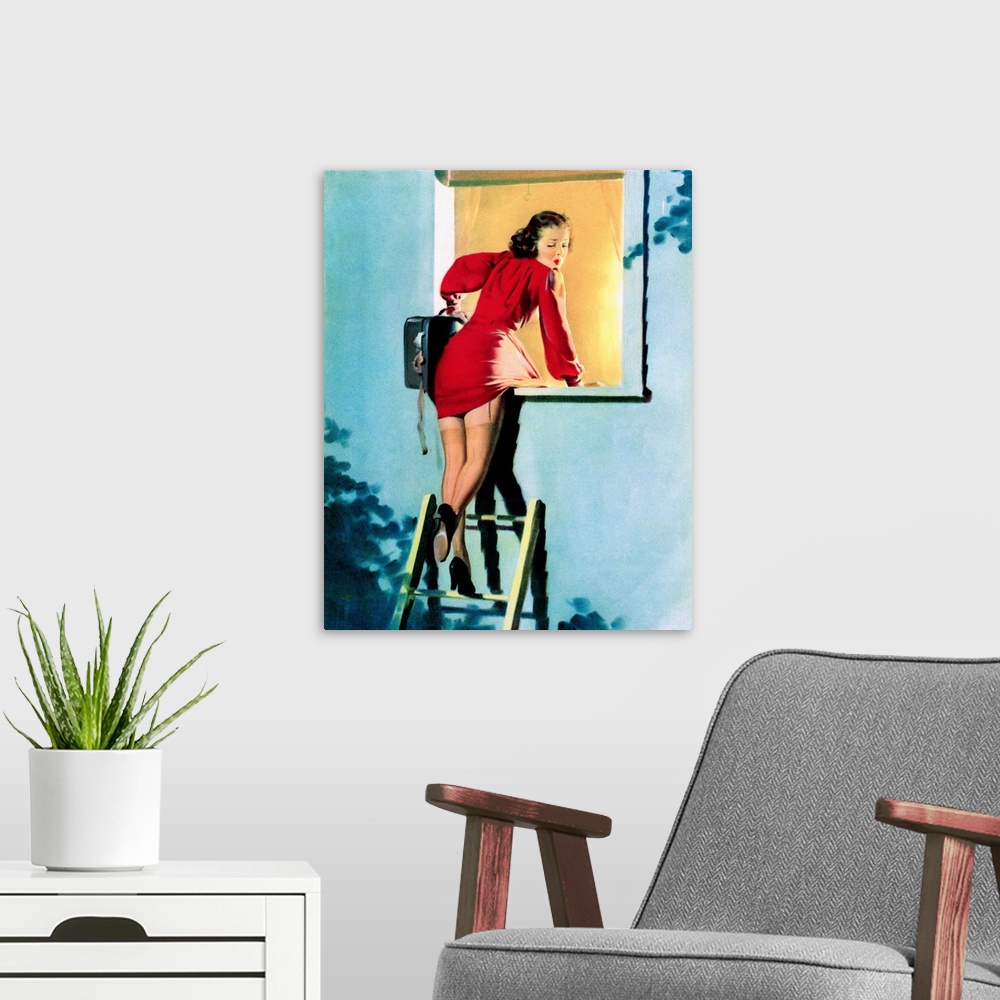 A modern room featuring Vintage 50's illustration of a young woman escaping from window by climbing down a ladder.