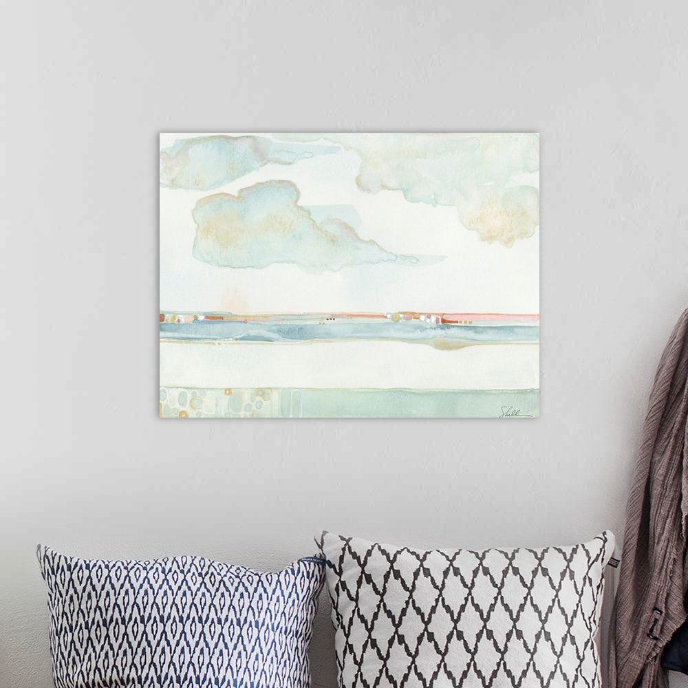 A bohemian room featuring Hand Painted Watercolor of the ocean's Horizon line