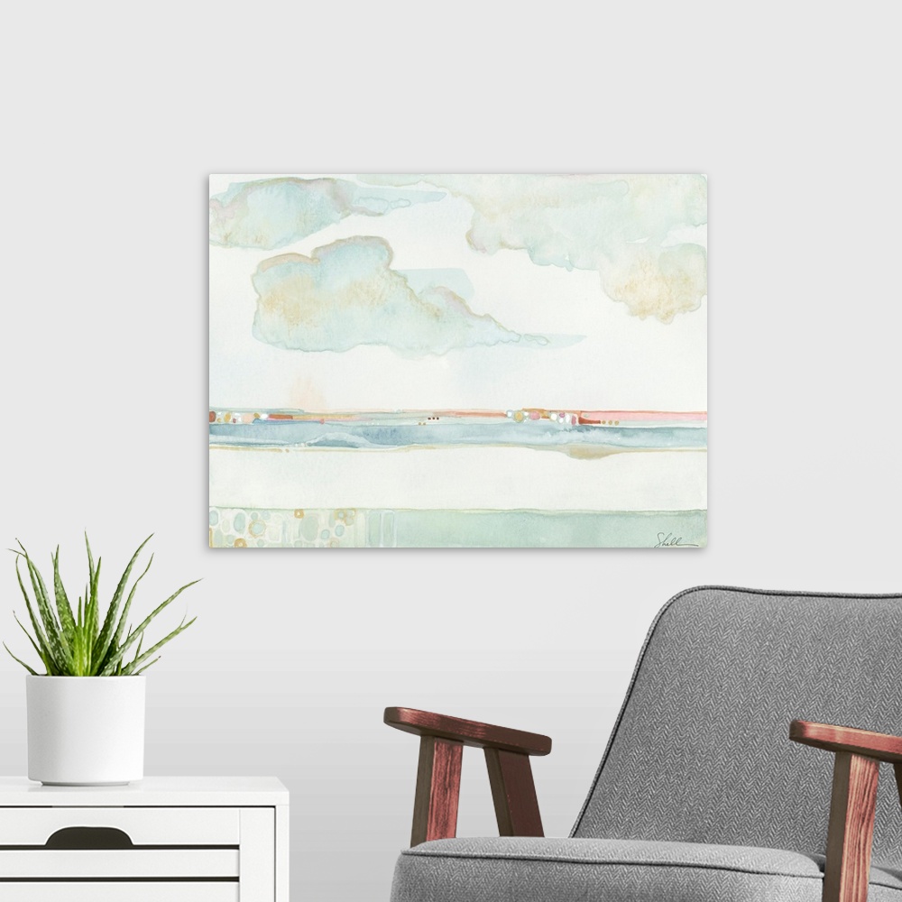 A modern room featuring Hand Painted Watercolor of the ocean's Horizon line