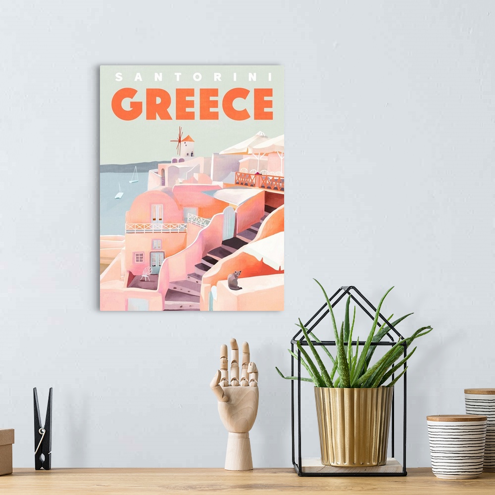 A bohemian room featuring A contemporary illustrated travel poster of the Greek port city of Santorini, with it's iconic wh...