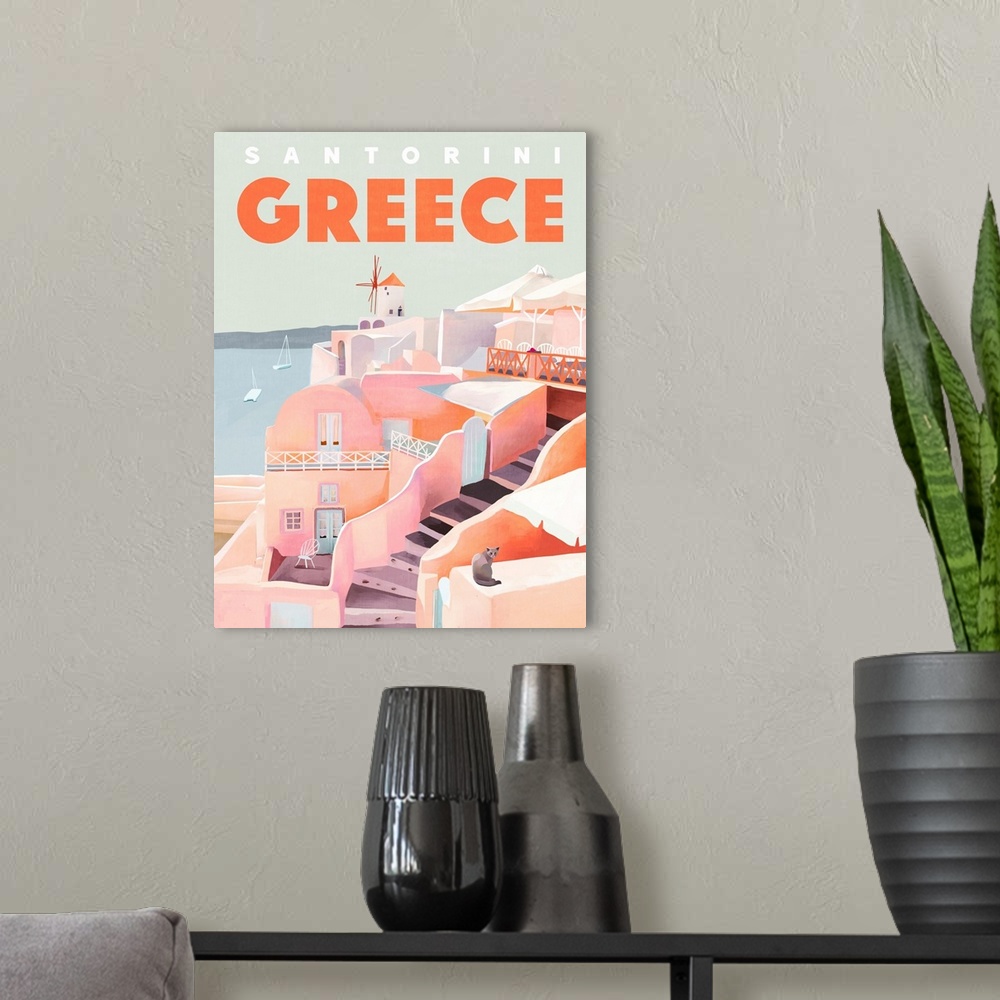 A modern room featuring A contemporary illustrated travel poster of the Greek port city of Santorini, with it's iconic wh...