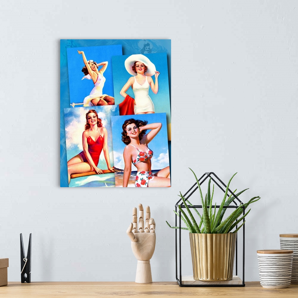 A bohemian room featuring Vintage 50's illustration of four women in swimsuits on the beach.