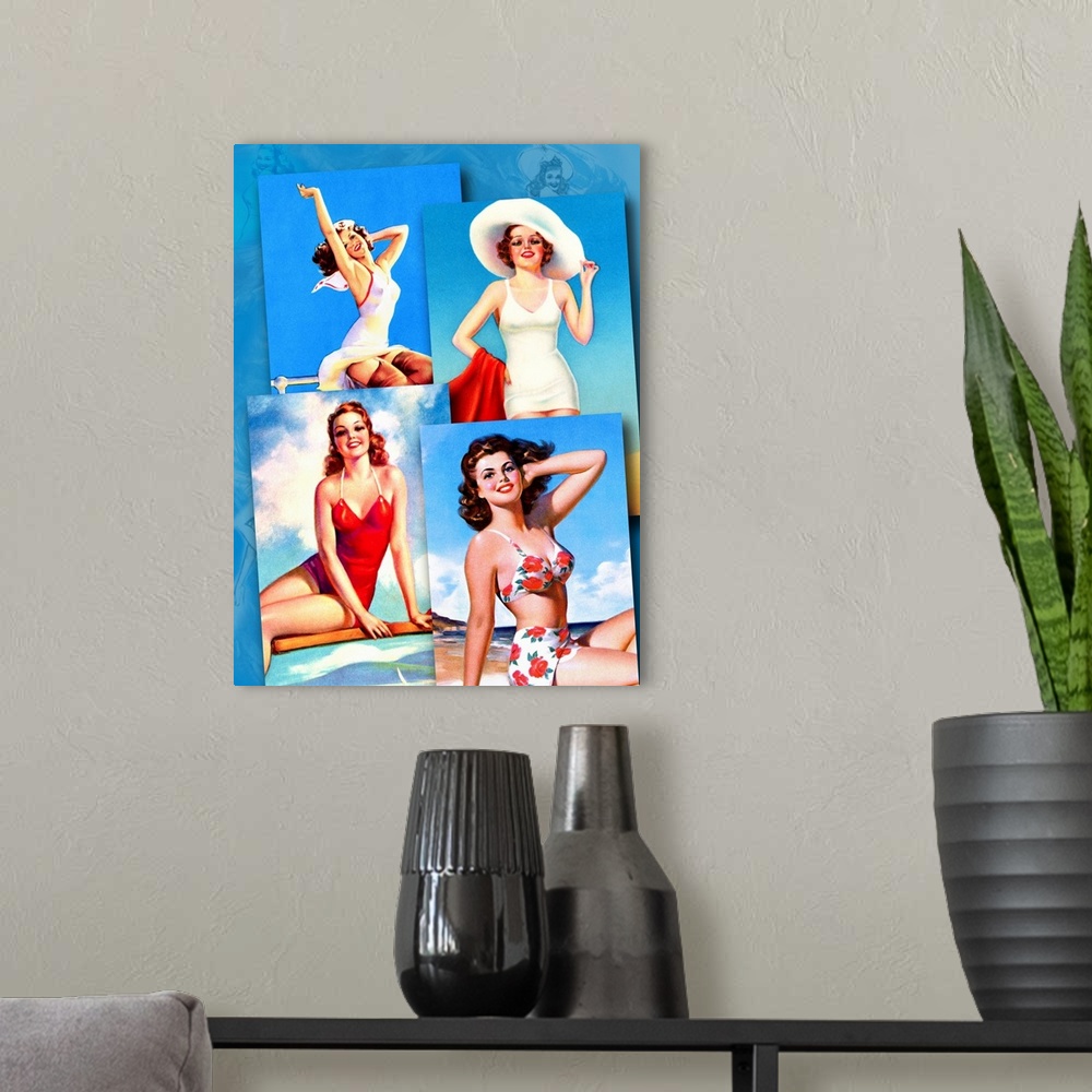A modern room featuring Vintage 50's illustration of four women in swimsuits on the beach.