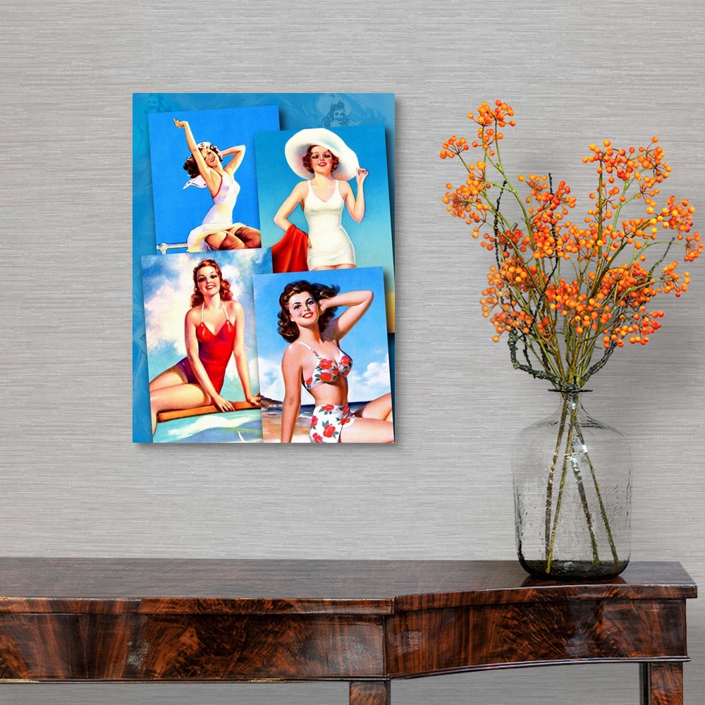 A traditional room featuring Vintage 50's illustration of four women in swimsuits on the beach.