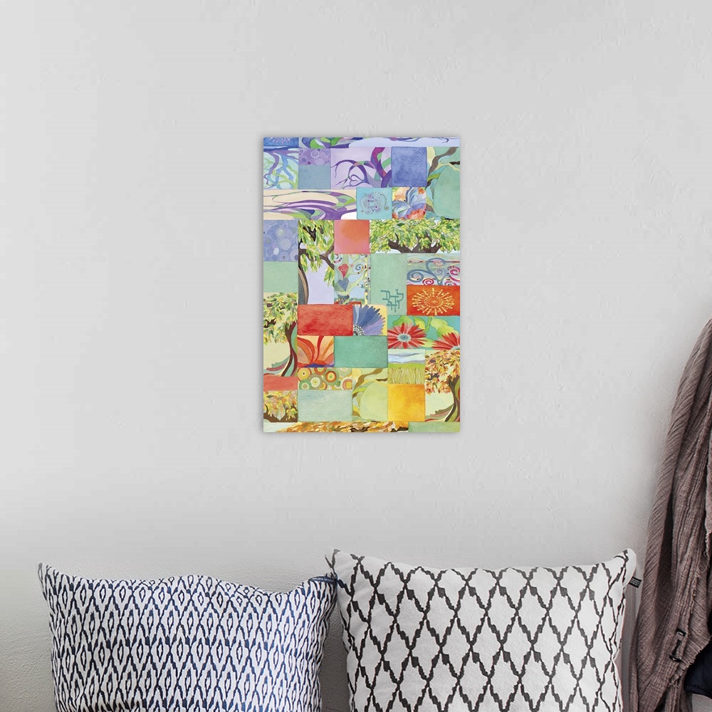 A bohemian room featuring Collage of watercolor artwork in different colors reflecting the changes of the seasons.