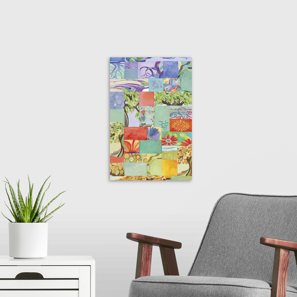 A modern room featuring Collage of watercolor artwork in different colors reflecting the changes of the seasons.