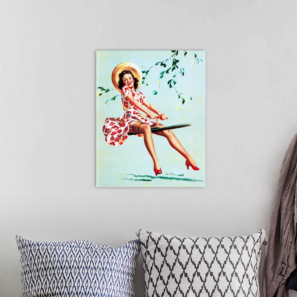 A bohemian room featuring Vintage 50's illustration of a young woman on a see-saw.